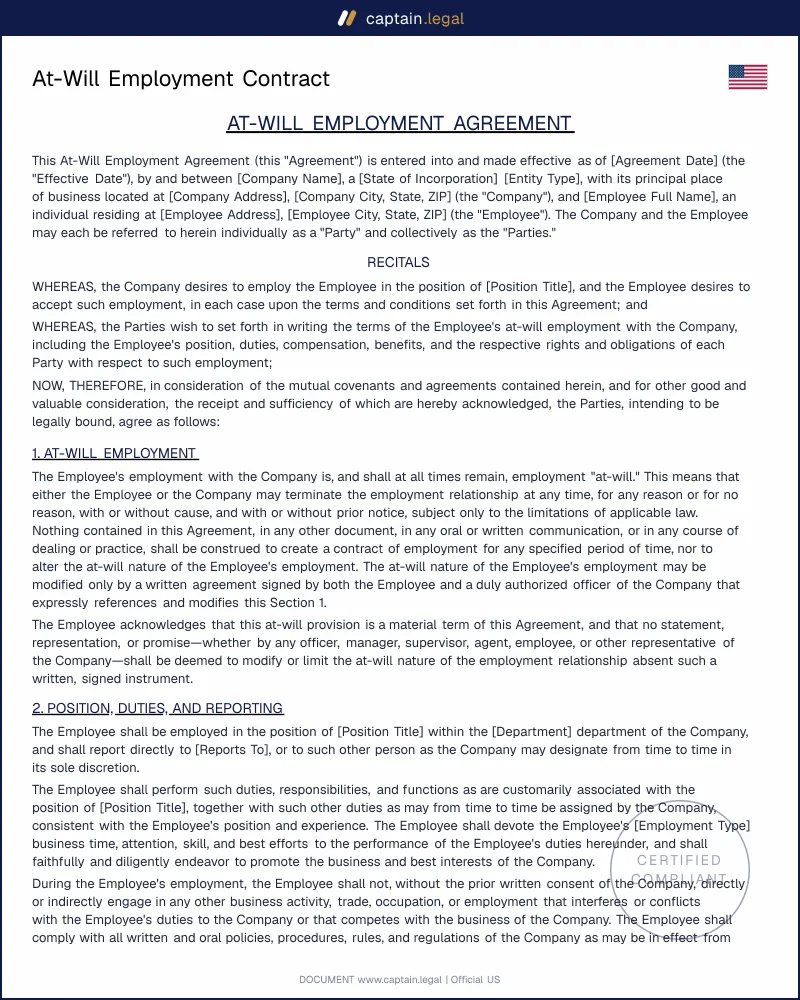 At-Will Employment Contract for US Employers | Lawyer-Drafted Template