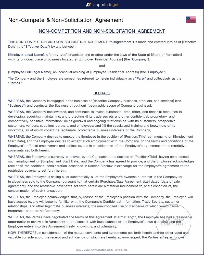 Non-Compete & Non-Solicitation Agreement (US) — Enforceable Template