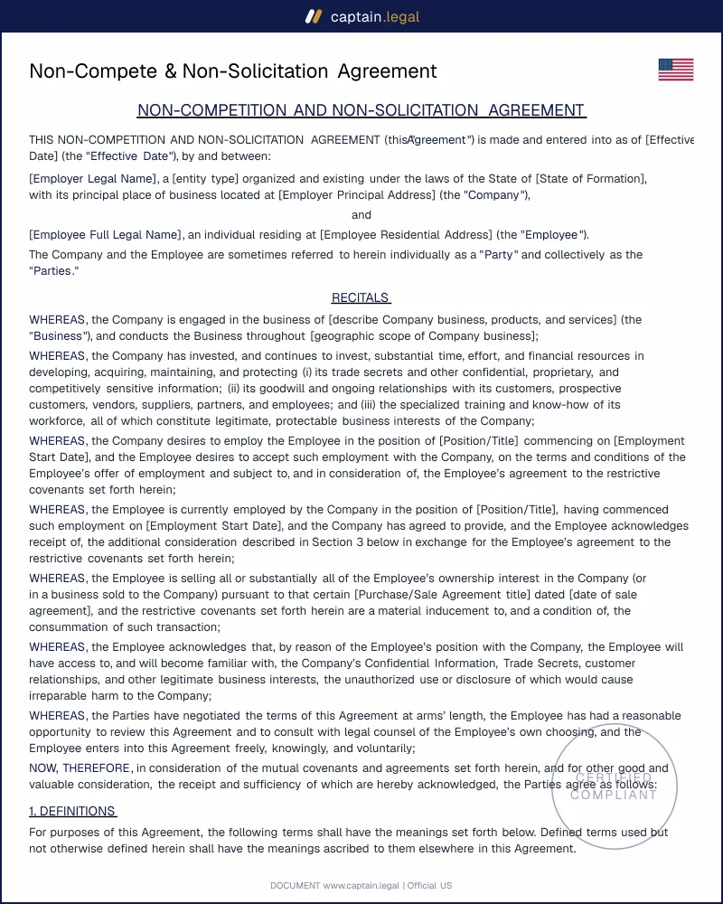 Non-Compete & Non-Solicitation Agreement (US) — Enforceable Template