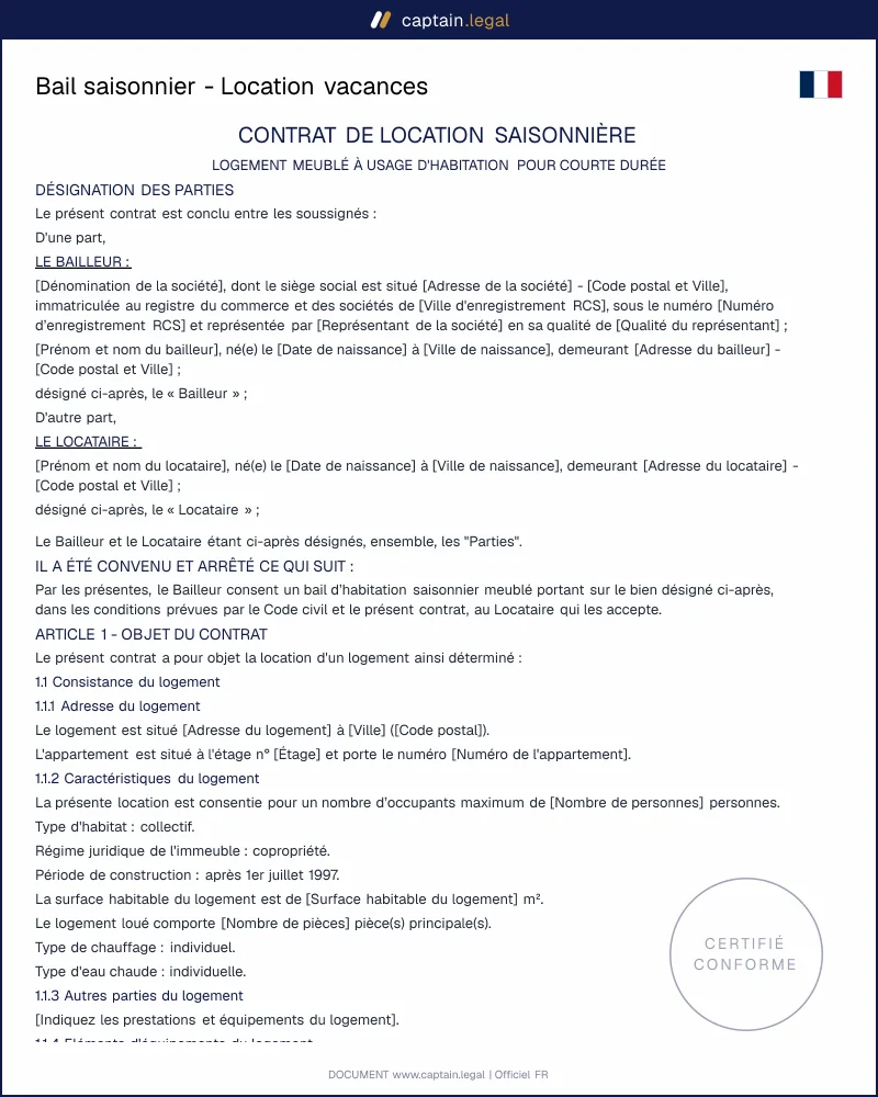 Modèle de contrat de location vacances - Bail saisonnier à personnaliser