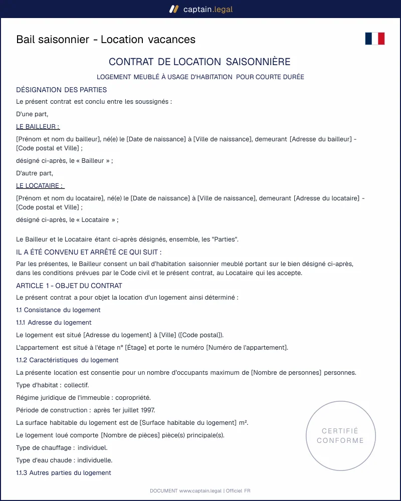 Modèle de contrat de location vacances - Bail saisonnier à personnaliser