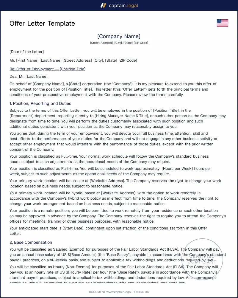 Offer Letter Template | At-Will, FLSA-Compliant