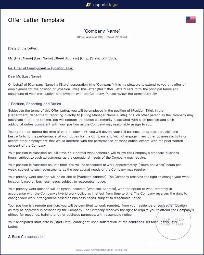 Offer Letter Template | At-Will, FLSA-Compliant