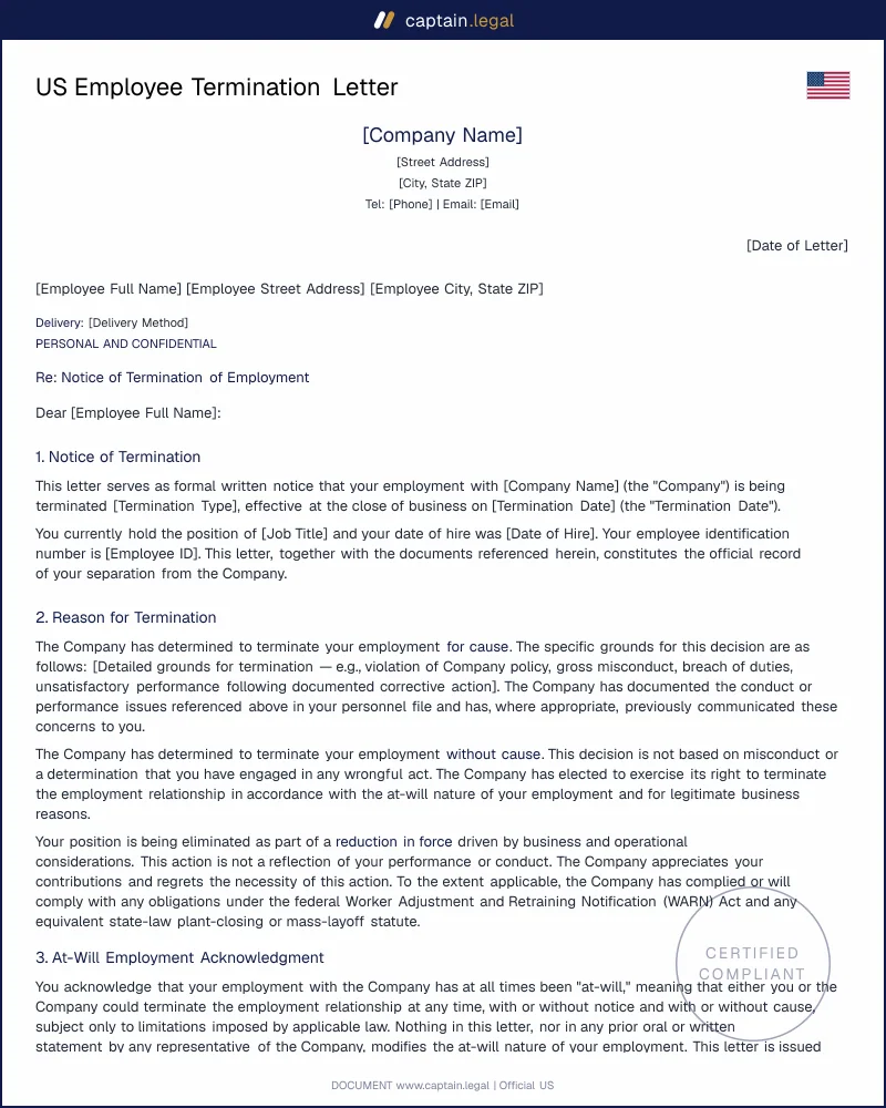 US Employee Termination Letter — At-Will, COBRA, Final Pay