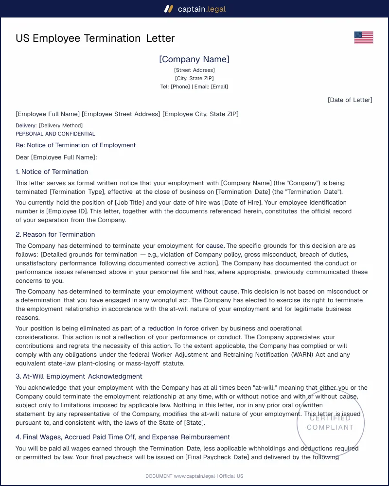 US Employee Termination Letter — At-Will, COBRA, Final Pay