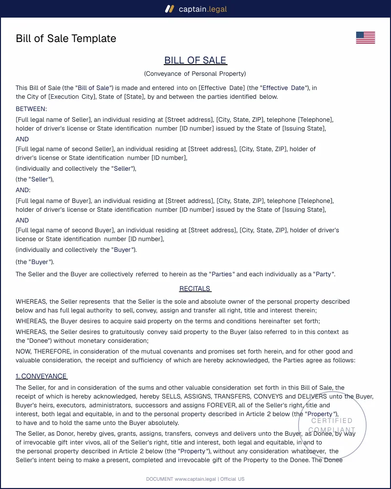 Bill of Sale Template (DMV-Ready) | Vehicle, Boat, Personal Property