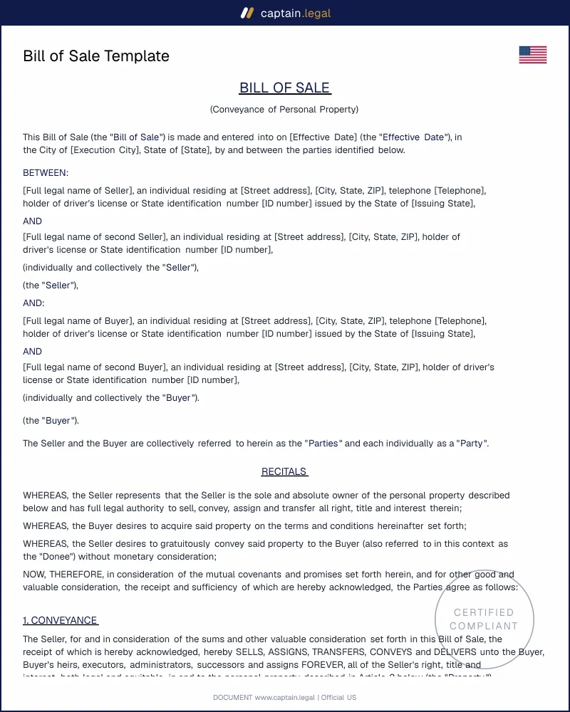 Bill of Sale Template (DMV-Ready) | Vehicle, Boat, Personal Property