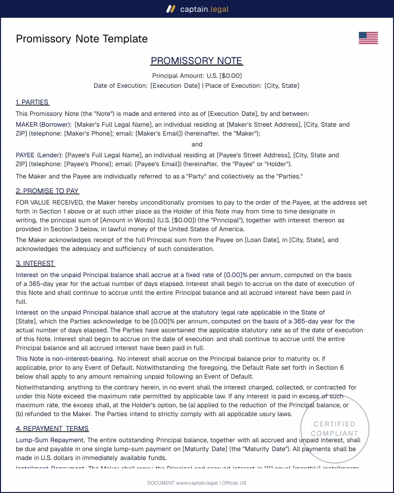 Promissory Note Template — Personal Loan Agreement with Cosigner