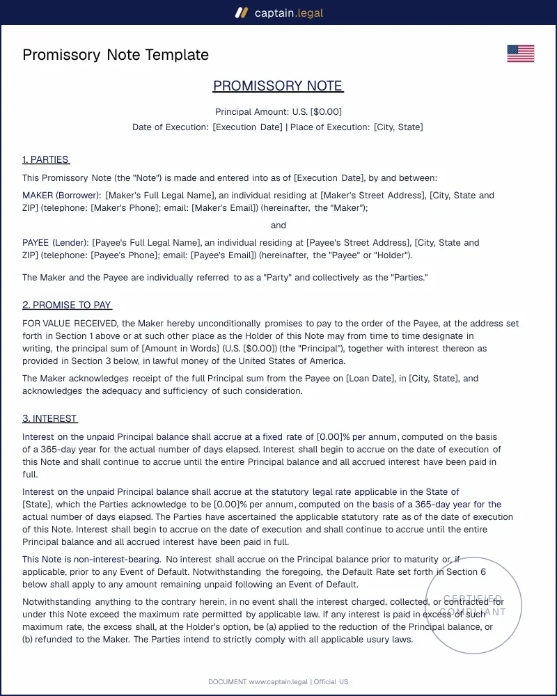 Promissory Note Template — Personal Loan Agreement with Cosigner