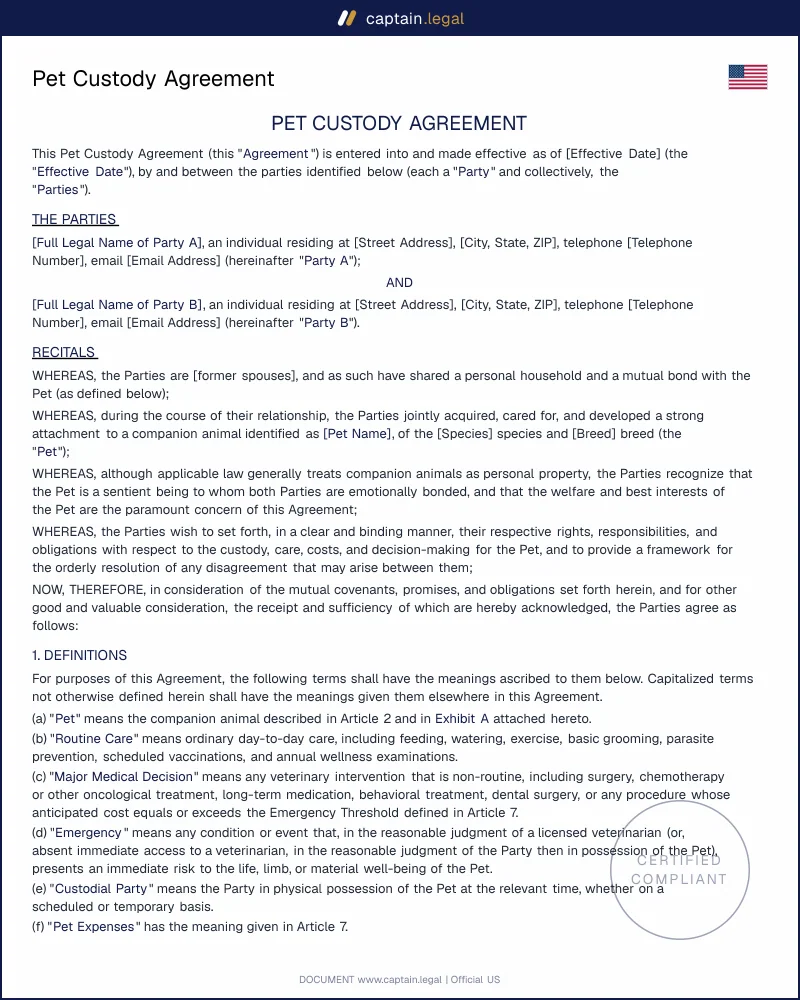 Pet Custody Agreement Template | Word & PDF — All 50 States