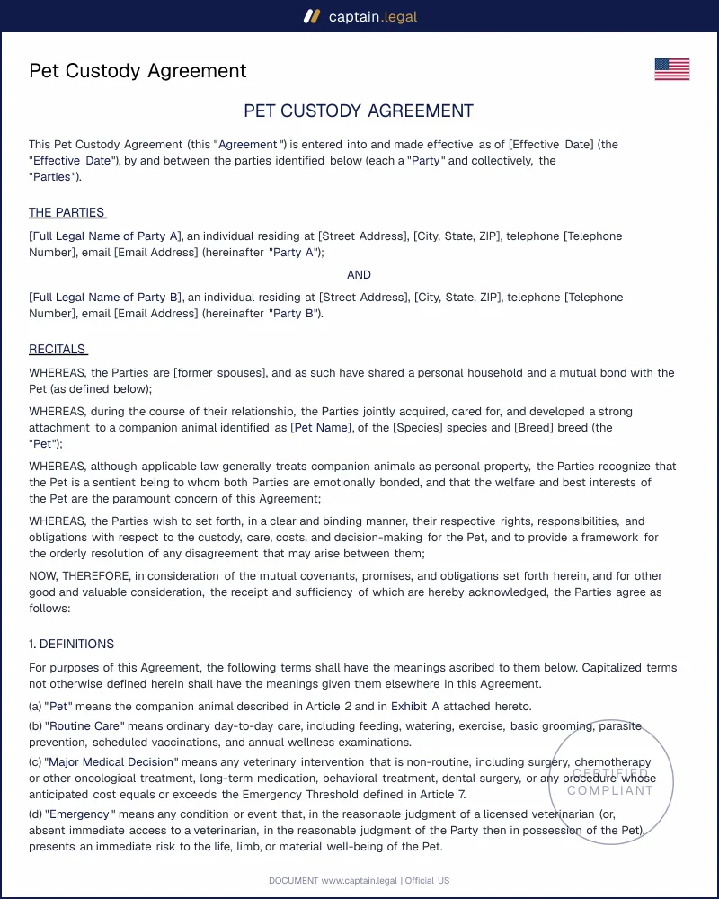 Pet Custody Agreement Template | Word & PDF — All 50 States