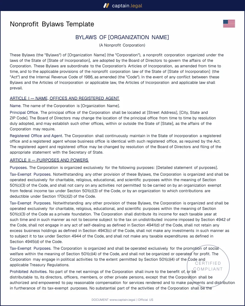 Nonprofit Bylaws Template | Board Governance for 501(c)(3)