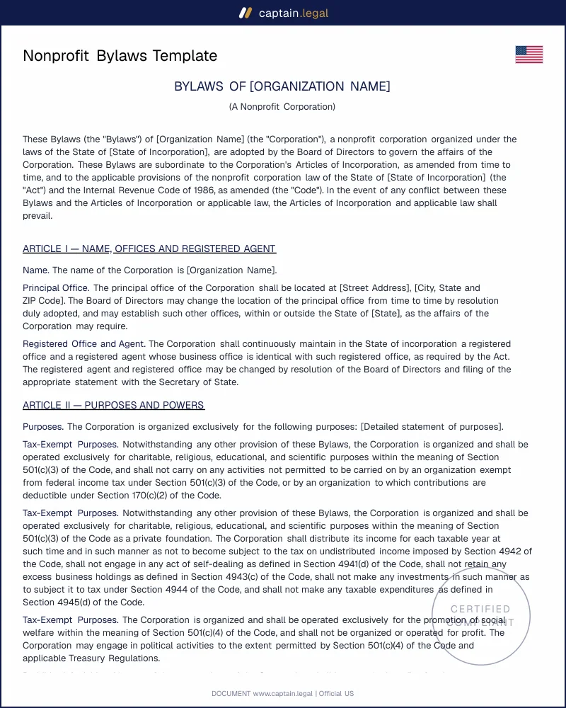 Nonprofit Bylaws Template | Board Governance for 501(c)(3)
