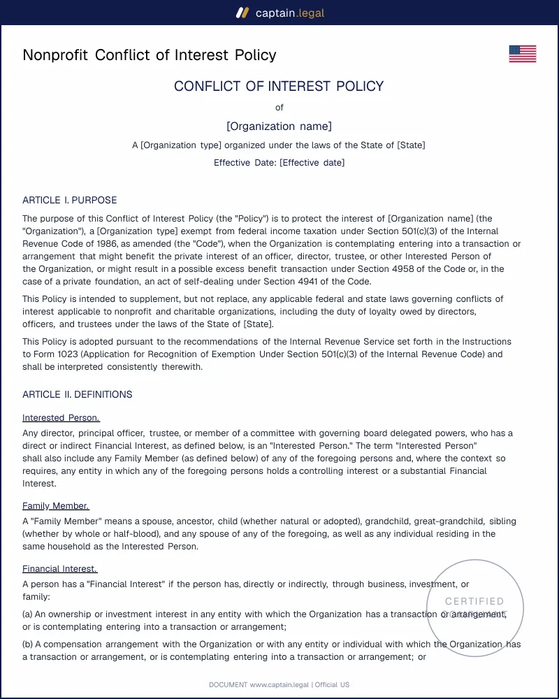 Nonprofit Conflict of Interest Policy Template | Board-Ready
