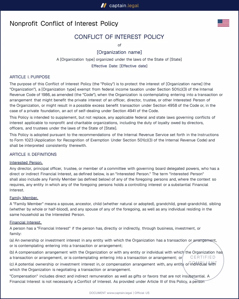 Nonprofit Conflict of Interest Policy Template | Board-Ready