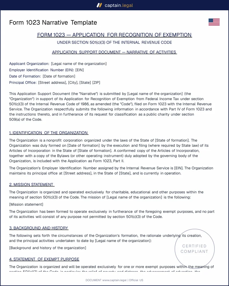 Form 1023 Narrative of Activities — 501(c)(3) Template