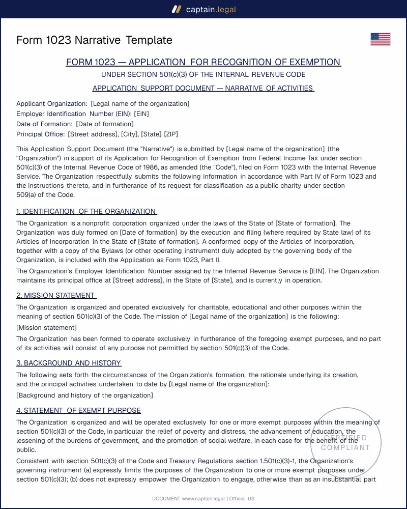 Form 1023 Narrative of Activities — 501(c)(3) Template