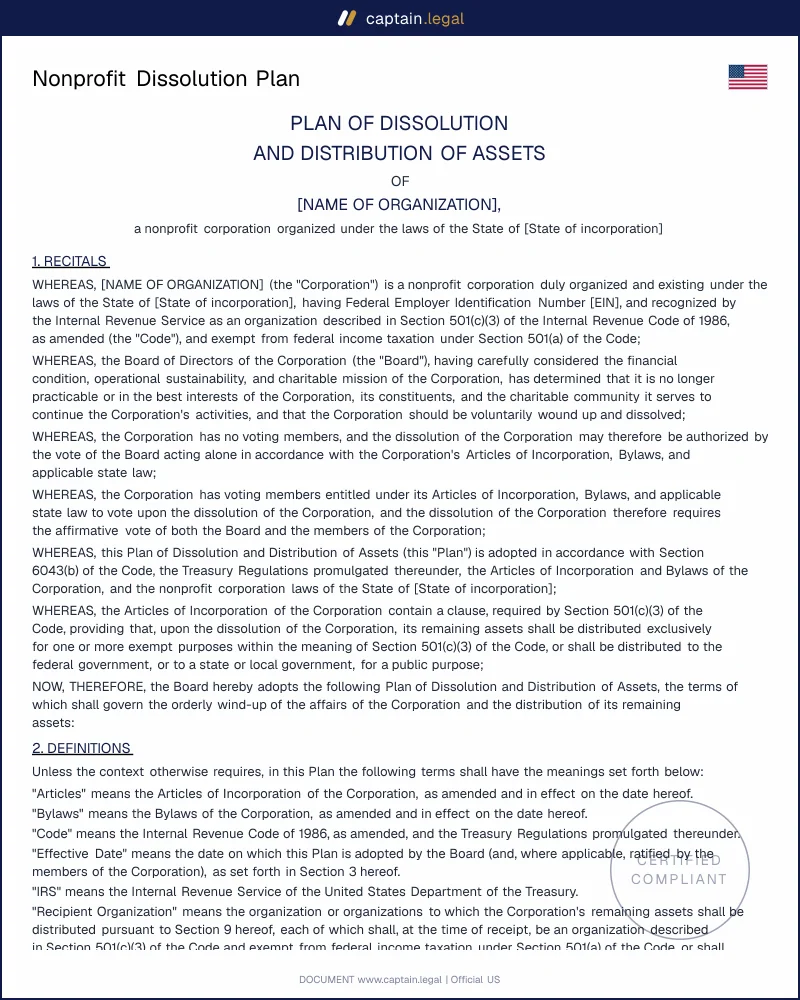 Nonprofit Dissolution Plan — All 50 States Template (PDF & Word)