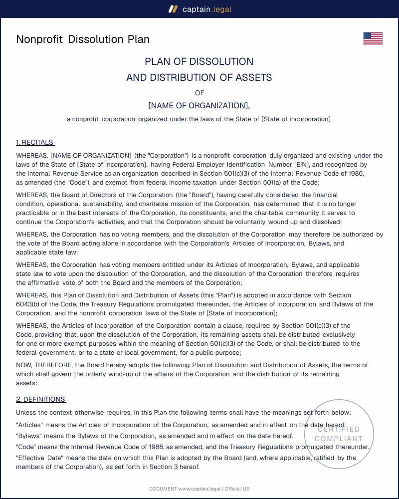 Nonprofit Dissolution Plan — All 50 States Template (PDF & Word)