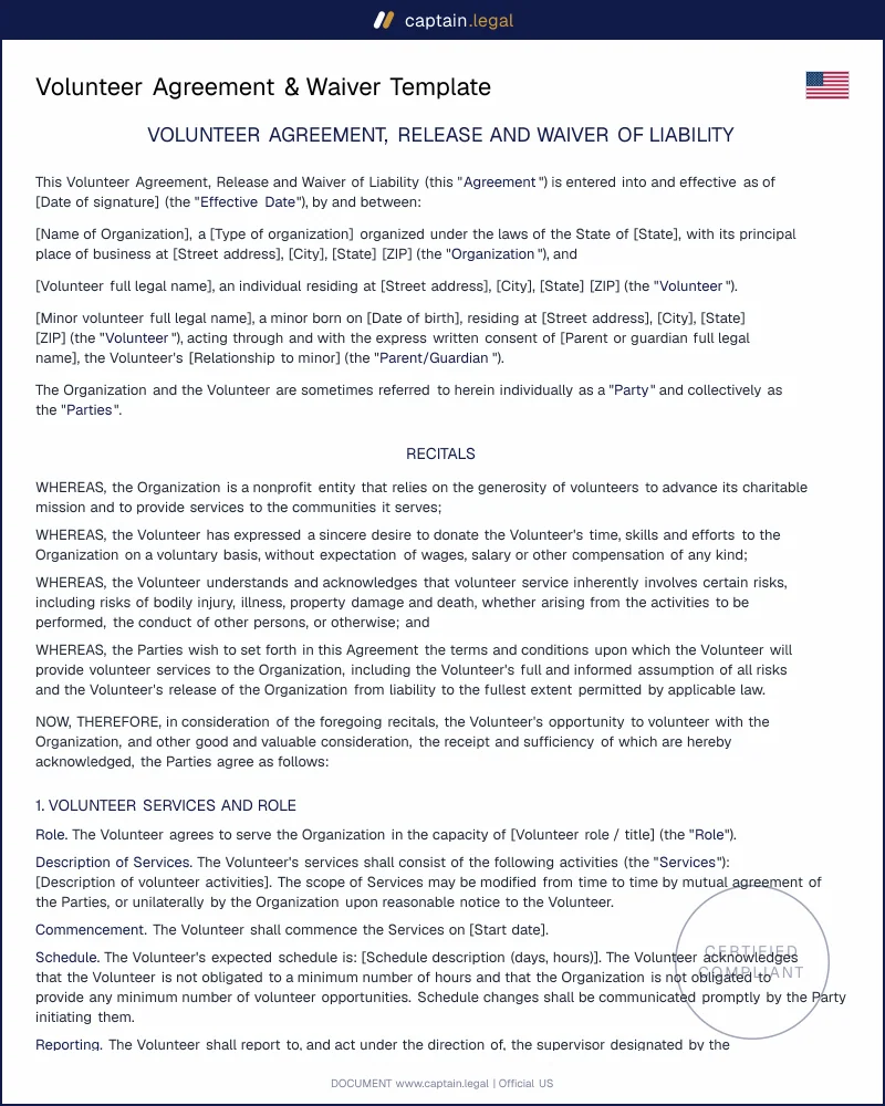 US Volunteer Waiver Template | Liability Release for 501(c)(3)