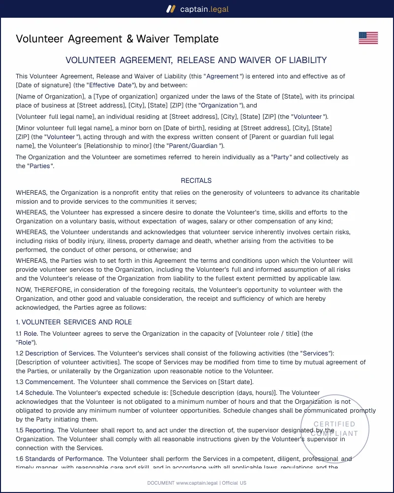 US Volunteer Waiver Template | Liability Release for 501(c)(3)