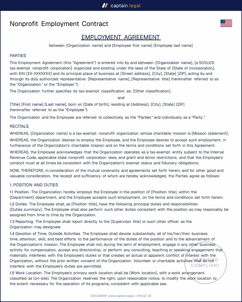 Nonprofit Employment Contract Template — Word & PDF (US)