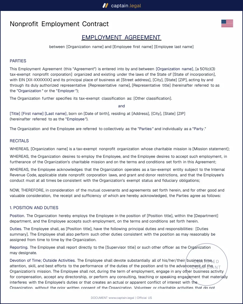 Nonprofit Employment Contract Template — Word & PDF (US)