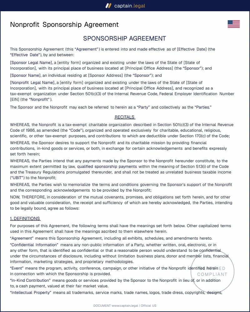 Nonprofit Sponsorship Agreement Template | UBIT-Safe (US)