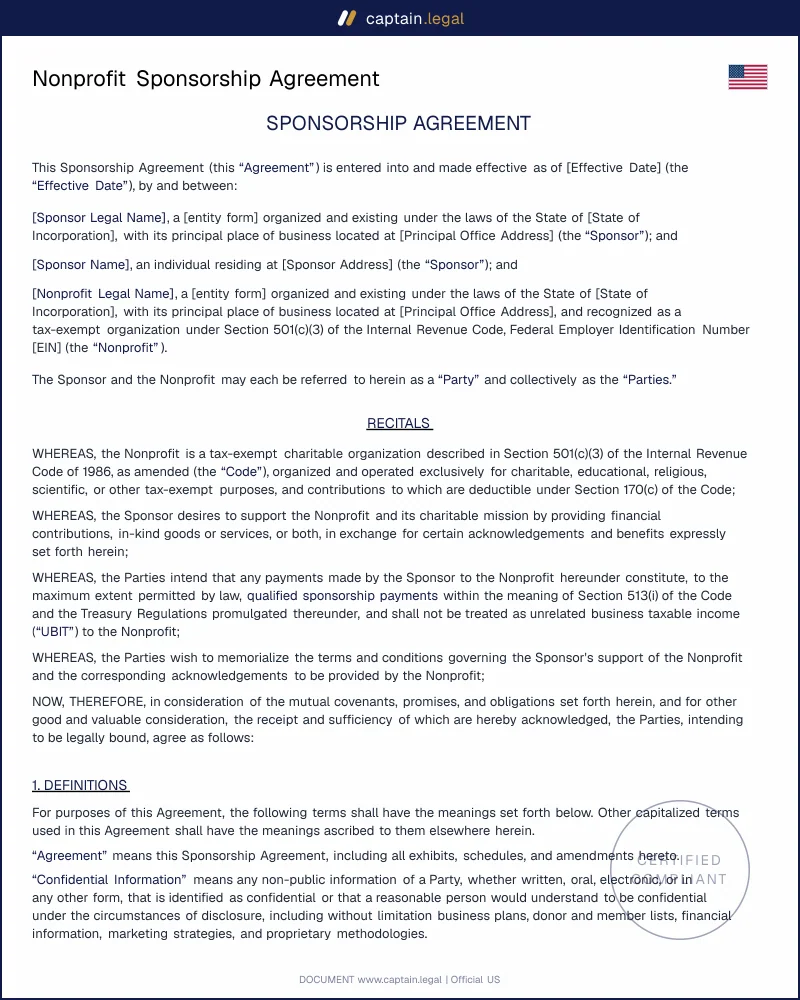 Nonprofit Sponsorship Agreement Template | UBIT-Safe (US)