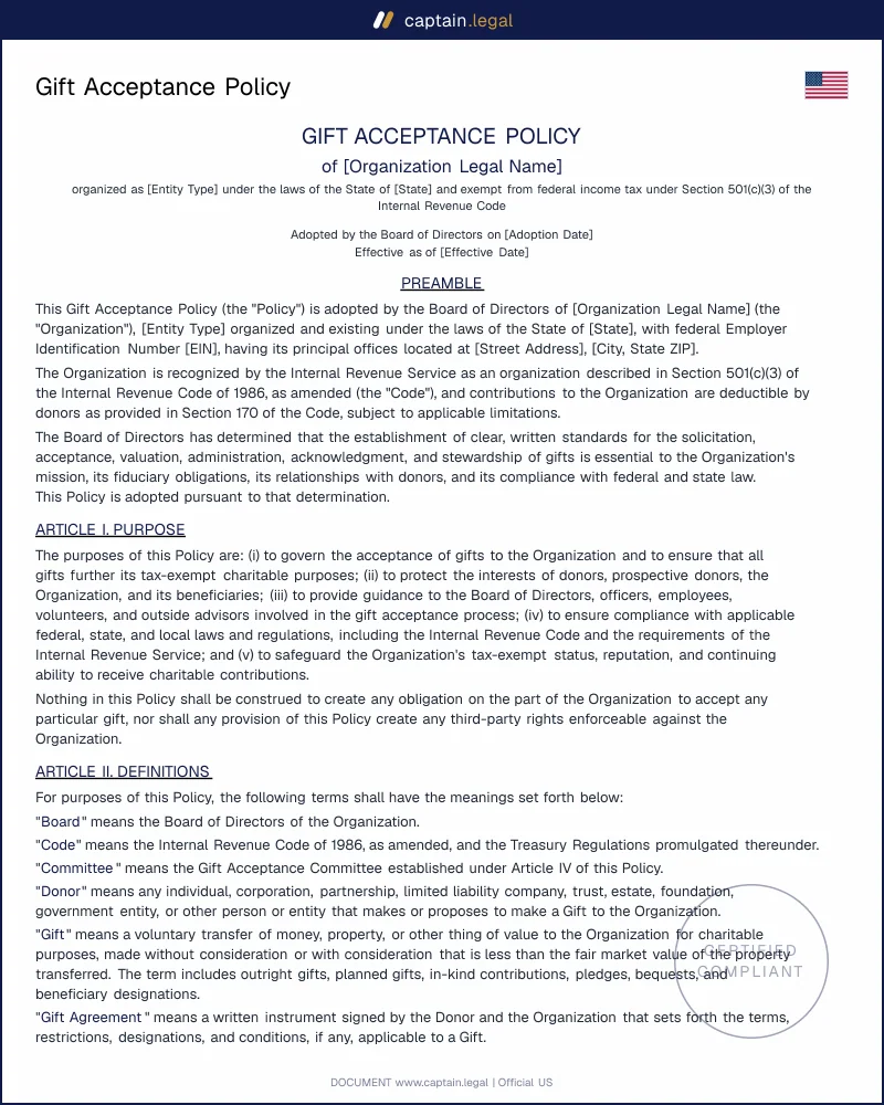 Nonprofit Gift Acceptance Policy Template | Word & PDF (US)