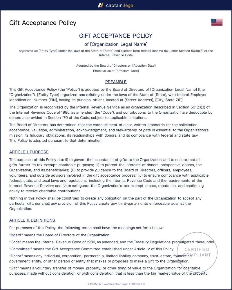 Nonprofit Gift Acceptance Policy Template | Word & PDF (US)
