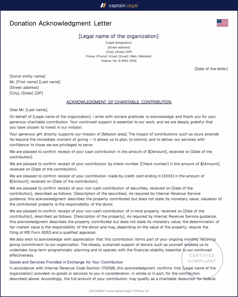 Donation Acknowledgment Letter Template — Word & PDF for Nonprofits