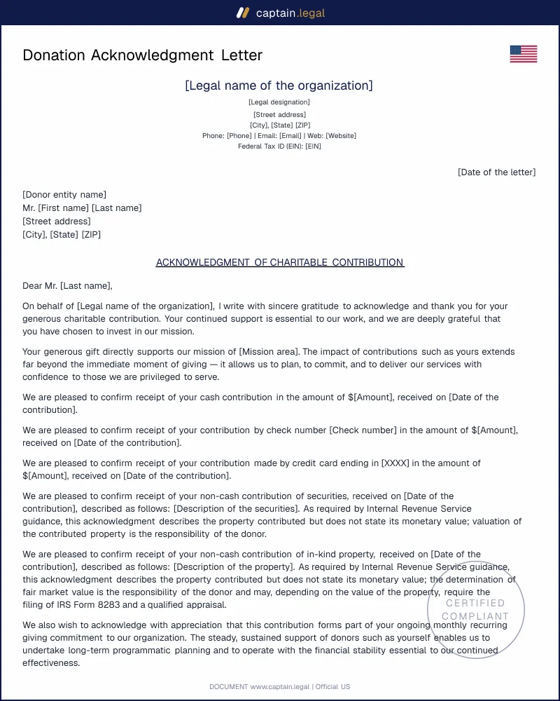 Donation Acknowledgment Letter Template — Word & PDF for Nonprofits