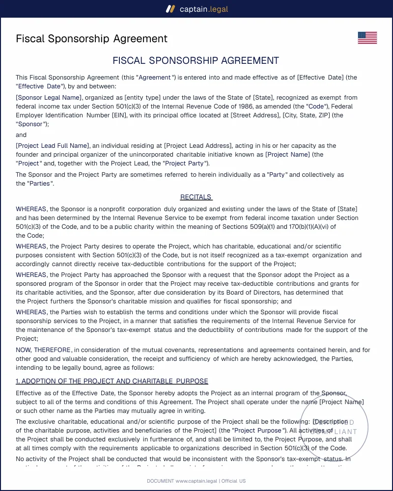 Fiscal Sponsorship Agreement — 501(c)(3) Template (US)