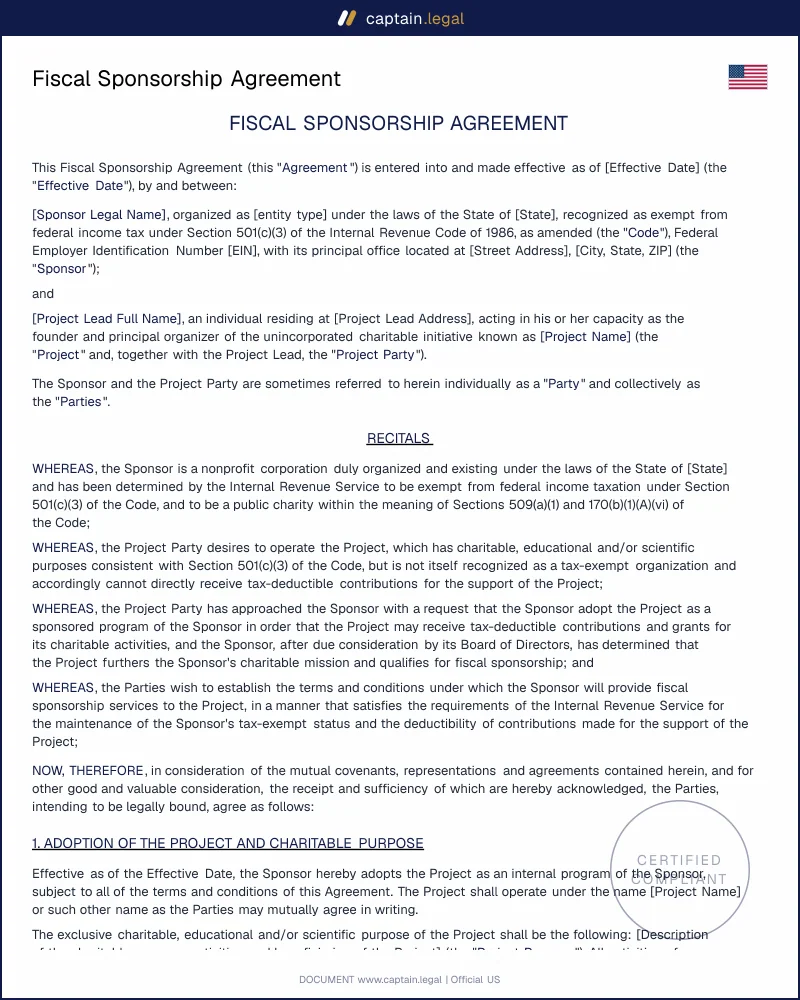 Fiscal Sponsorship Agreement — 501(c)(3) Template (US)