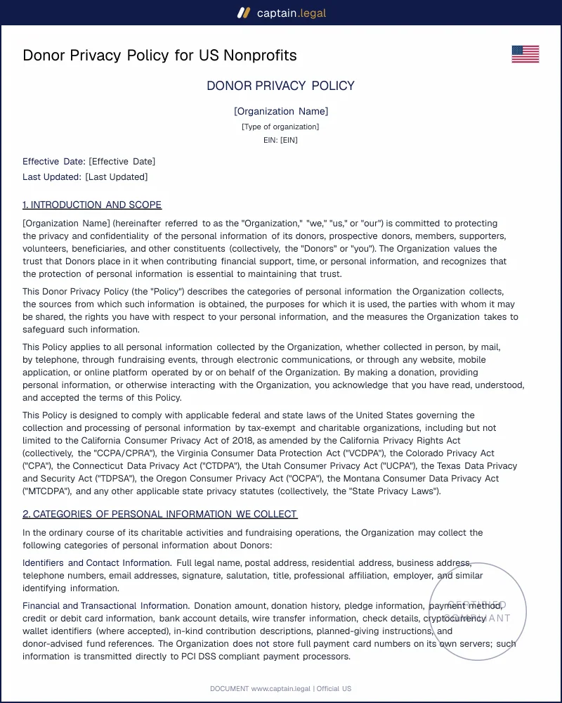 Donor Privacy Policy for US Nonprofits | Word & PDF Template