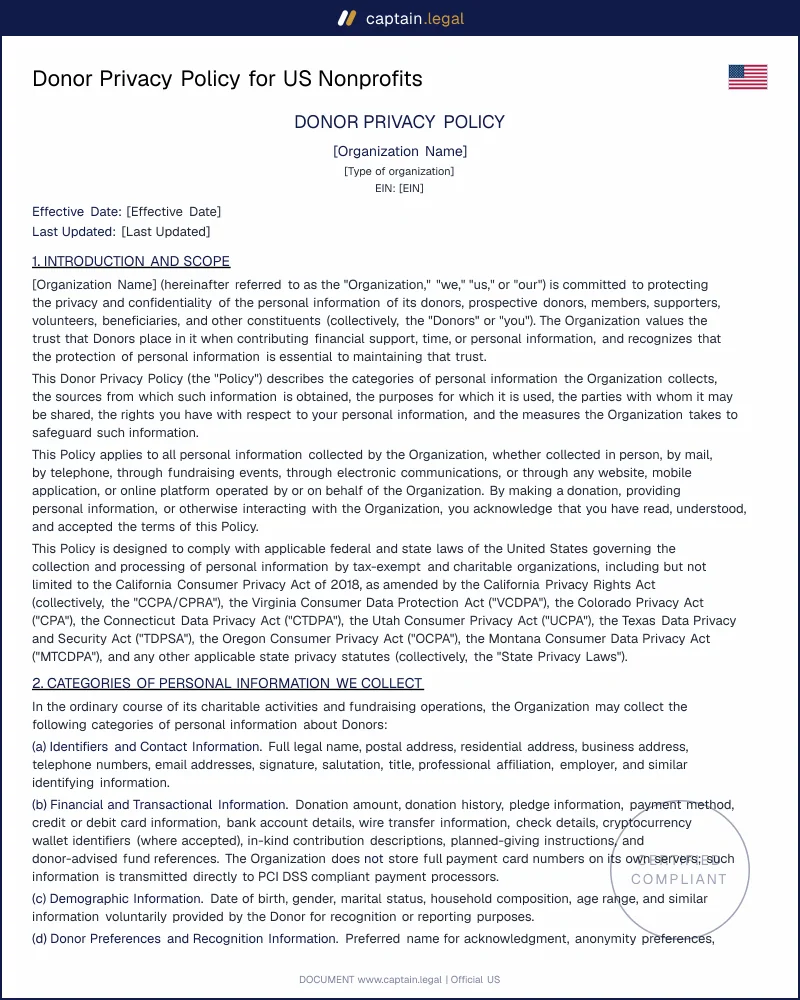 Donor Privacy Policy for US Nonprofits | Word & PDF Template