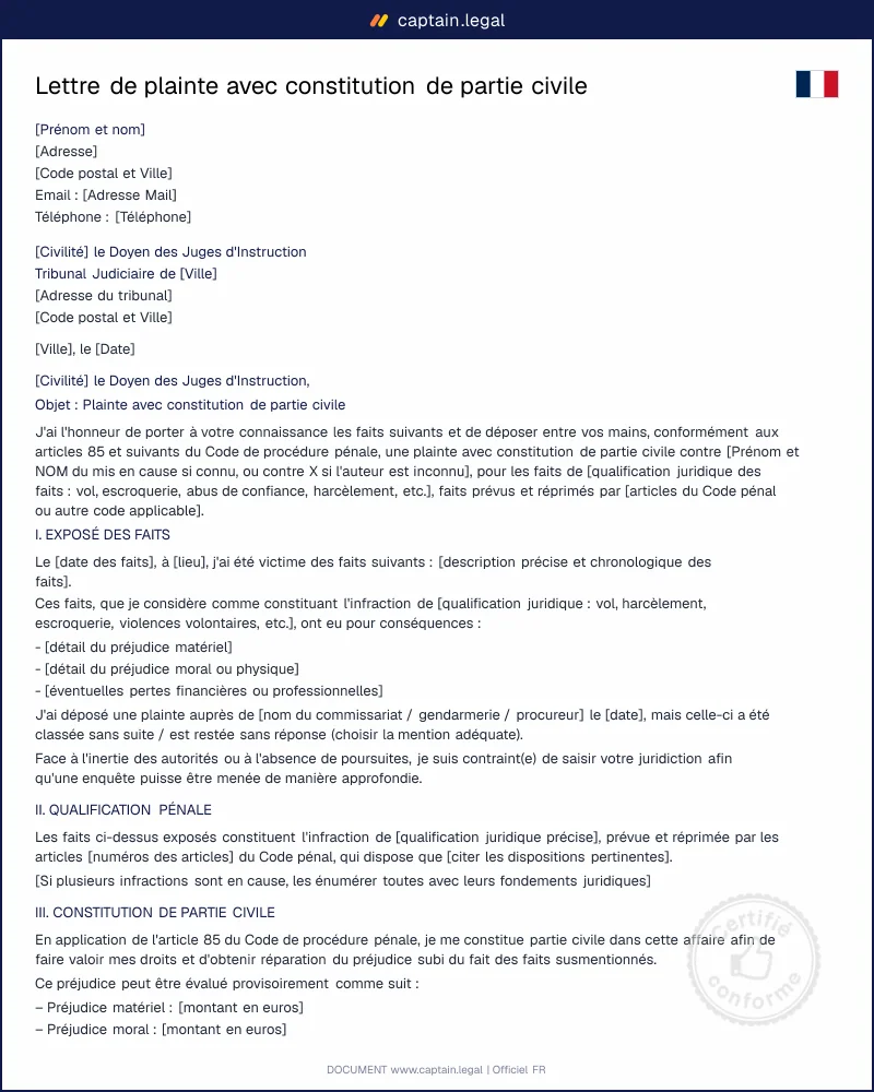 Lettre de plainte avec constitution de partie civile