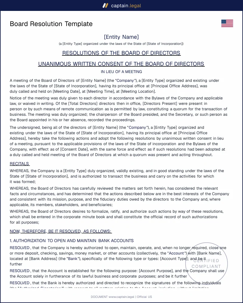US Board Resolution Template | Bank Account, Hiring, Budget