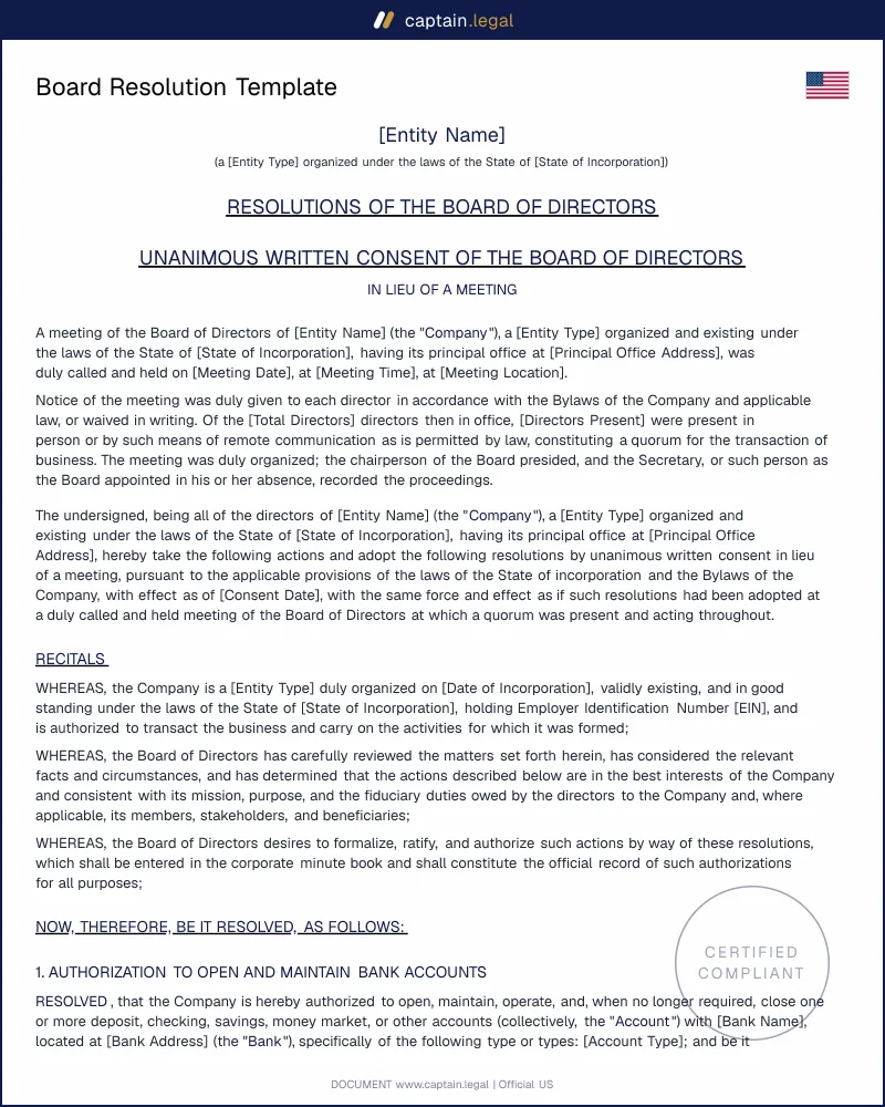 US Board Resolution Template | Bank Account, Hiring, Budget