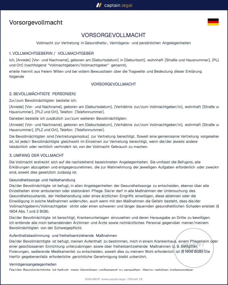 Vorsorgevollmacht Muster: Betreuung vermeiden | Word + PDF