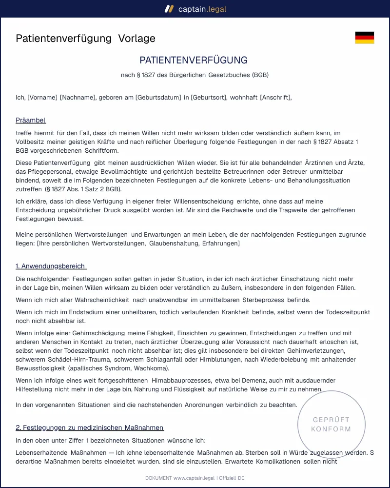 Patientenverfügung Muster | Word + PDF Vorlage zum Ausfüllen