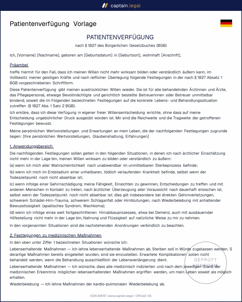 Patientenverfügung Muster | Word + PDF Vorlage zum Ausfüllen