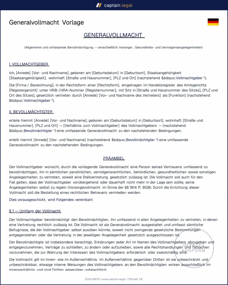 Generalvollmacht Muster | Vorlage Word & PDF zum Download