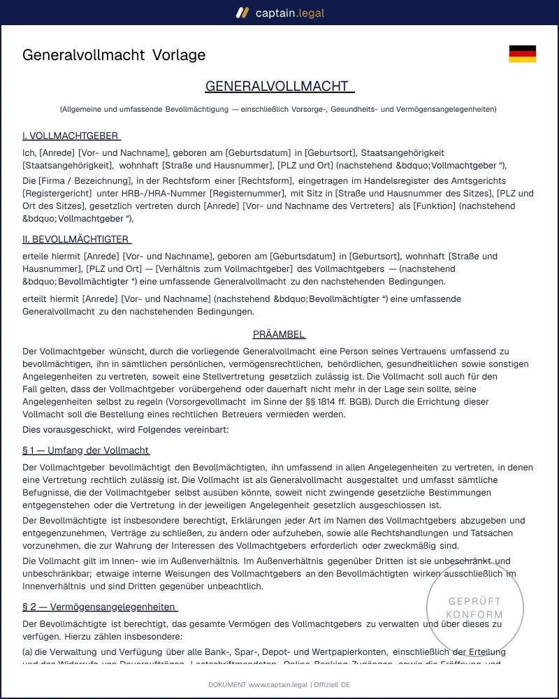 Generalvollmacht Muster | Vorlage Word & PDF zum Download