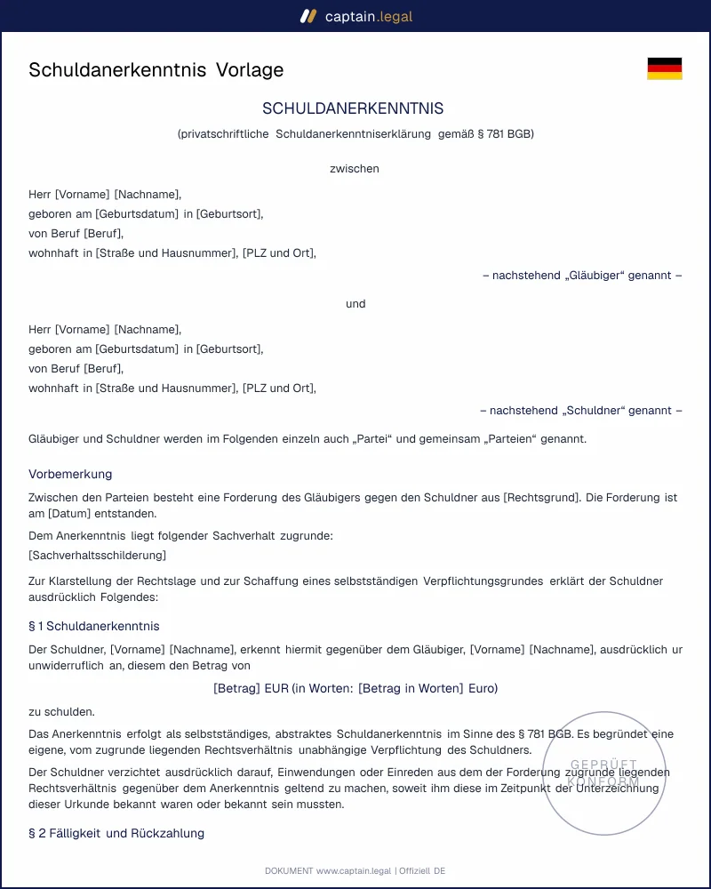 Schuldanerkenntnis privat: Muster für Schuldenanerkennung | Word + PDF