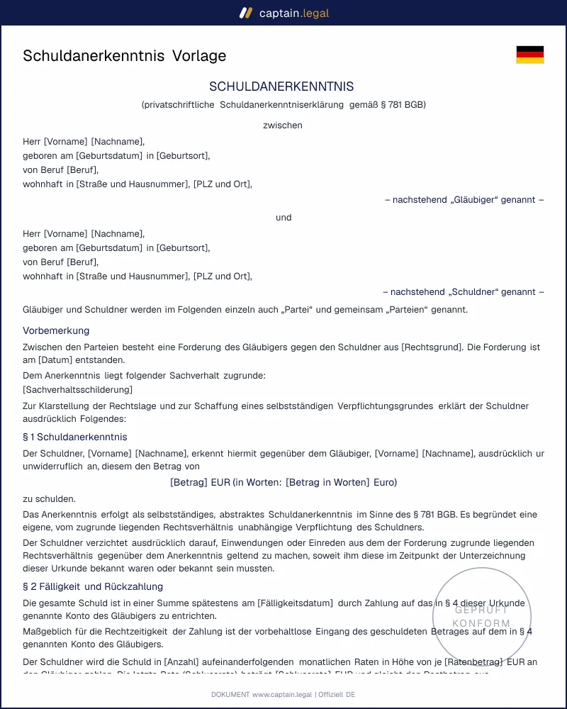 Schuldanerkenntnis privat: Muster für Schuldenanerkennung | Word + PDF