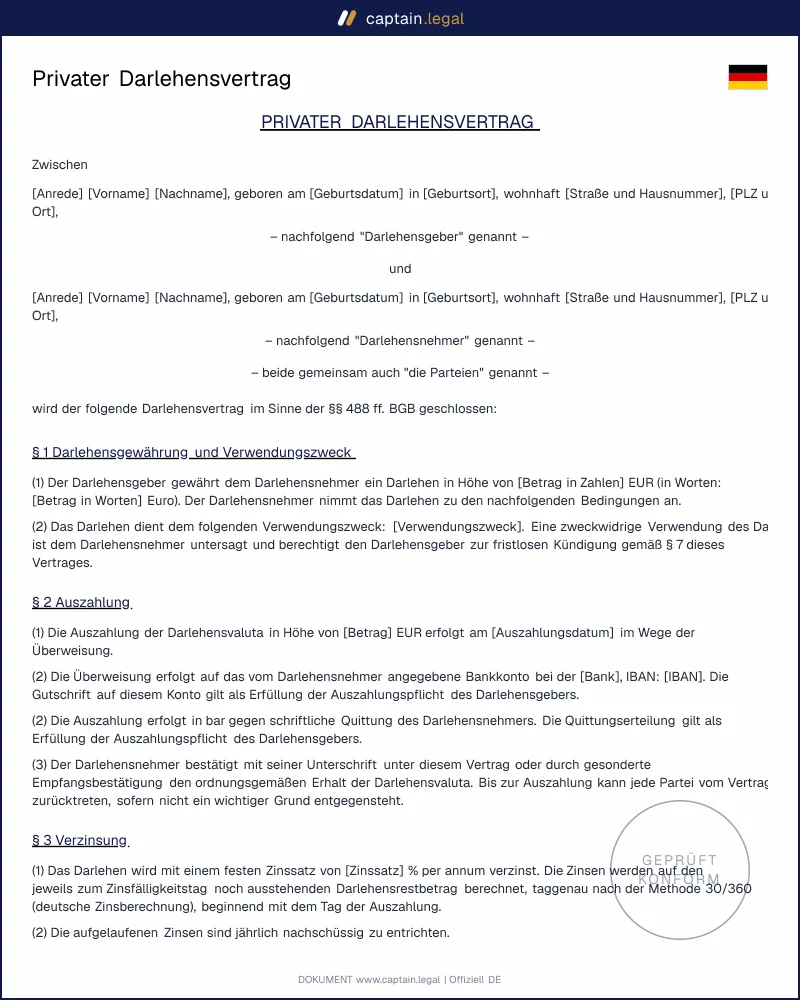 Privatdarlehen Vertrag Muster: rechtssicher in 5 Minuten