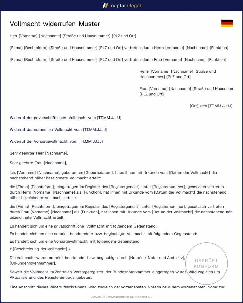 Widerruf Vollmacht: Muster mit Urkundenrückgabe | Word + PDF