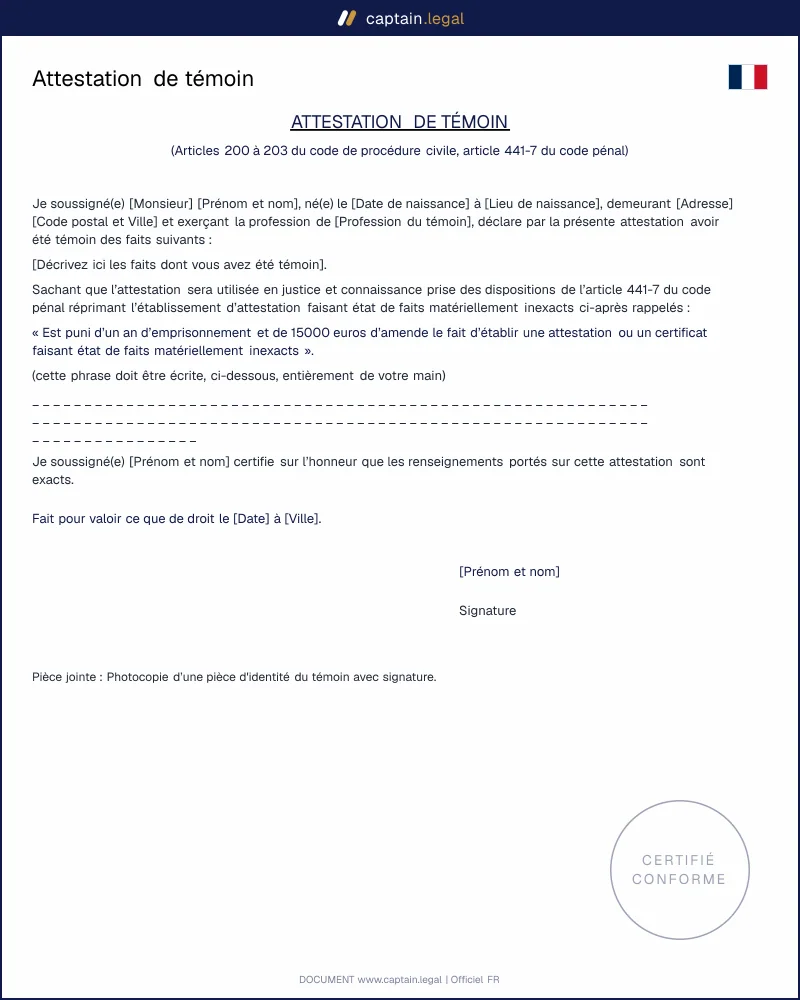 Modèle d'attestation de témoin à personnaliser